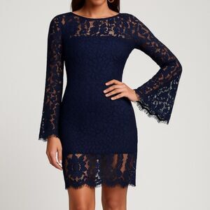 NWT Lulus Enrapturing Elegance Navy Lace Long Sleeve Midi Dress Size Medium NEW